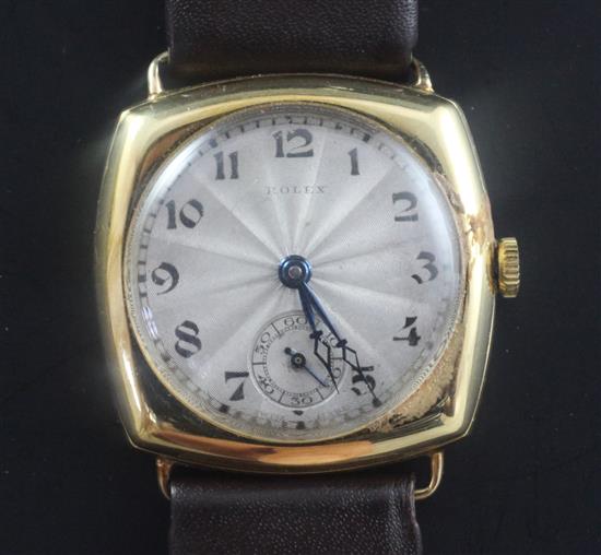 A gentlemans 1920s 18ct gold Rolex manual wind wrist watch,